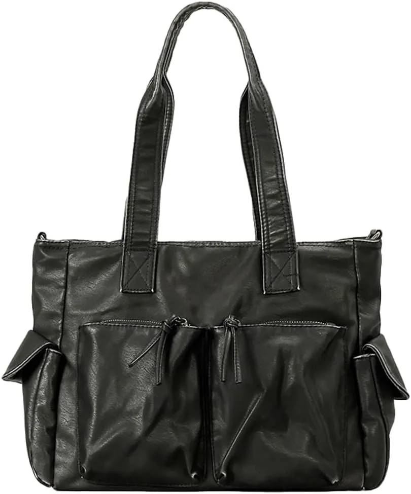 Womens Multi-Pocket Tote Bag Large Y2k Vintage Shoulder Crossbody Purse Soft Vegan Leather Handbags Satchels