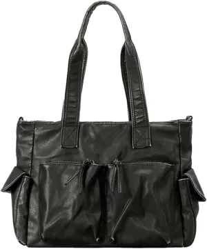 Womens Multi-Pocket Tote Bag Large Y2k Vintage Shoulder Crossbody Purse Soft Vegan Leather Handbags Satchels