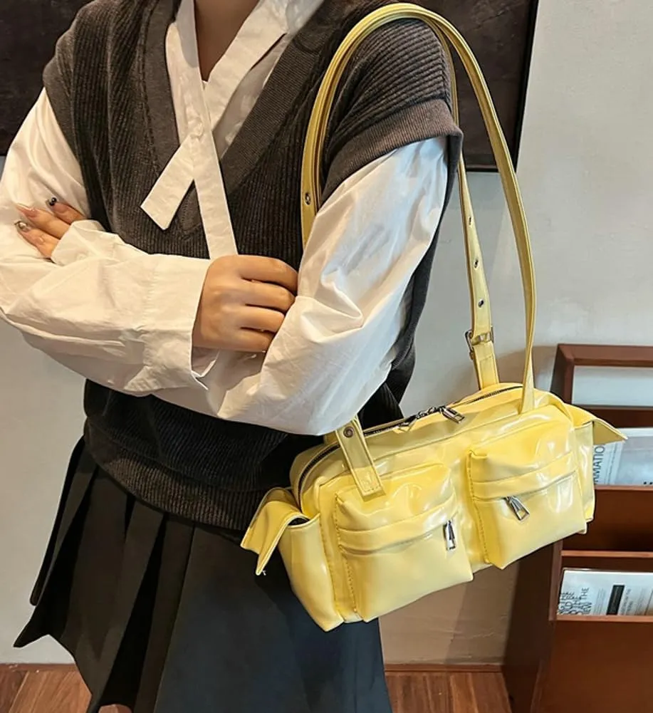 Womens Trendy Vegan Leather Shoulder Bag Large Vintage Y2k Tote Purse Handbag Multi Pocket Top Handle Satchels