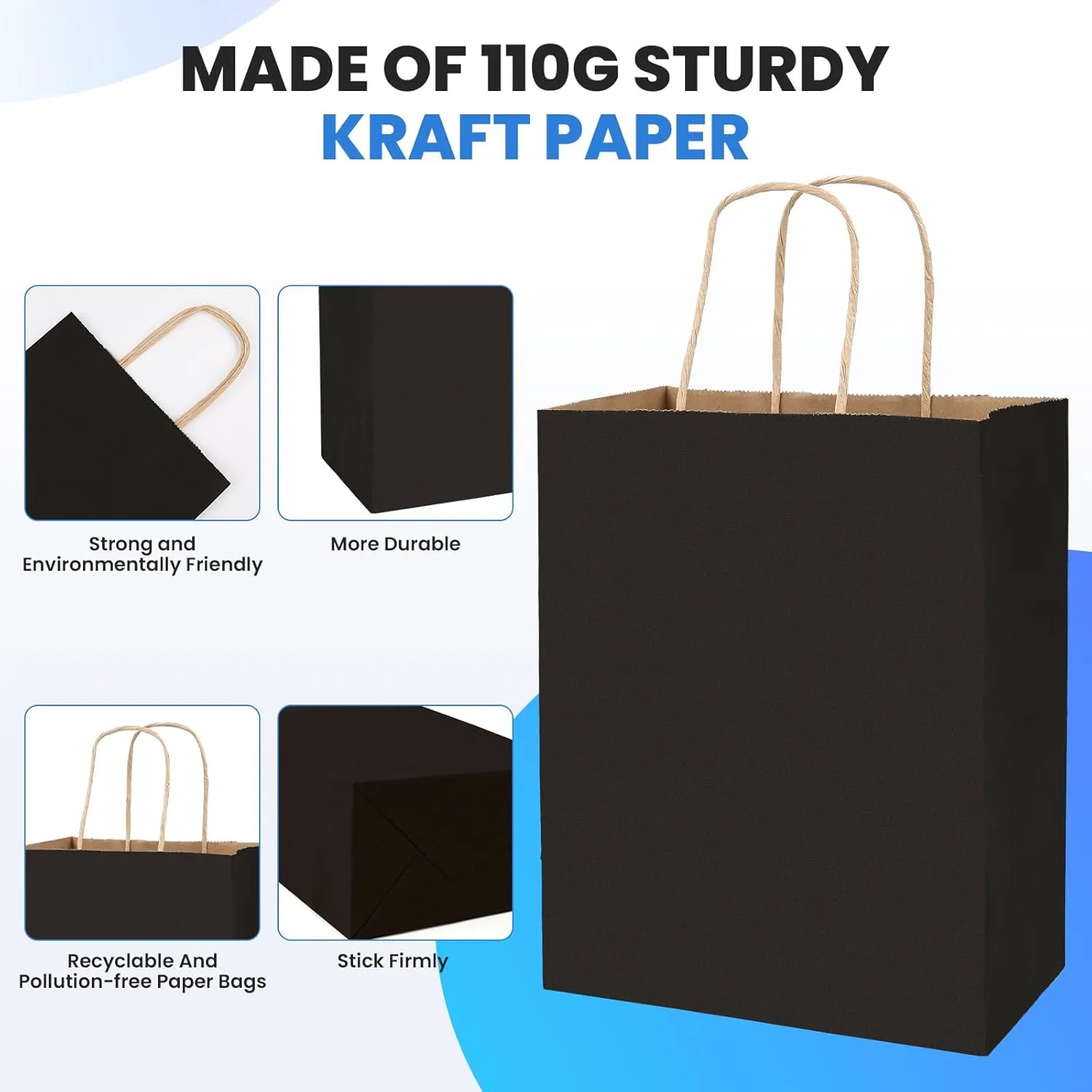 XPCARE 100Pack Black Paper Bags 8x4.5x10 Inch, Plain Medium Paper Bags with Handles Bulk, Kraft Paper Gift Bag, Retail, Party, Shopping, Favor Bag
