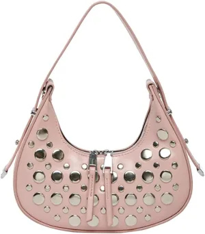 Y2k Studded Crescent Crossbody Purse Women 90s Hobo Bags Trendy Shoulder Satchels PU Leather Punk Underarm Tote Handbag