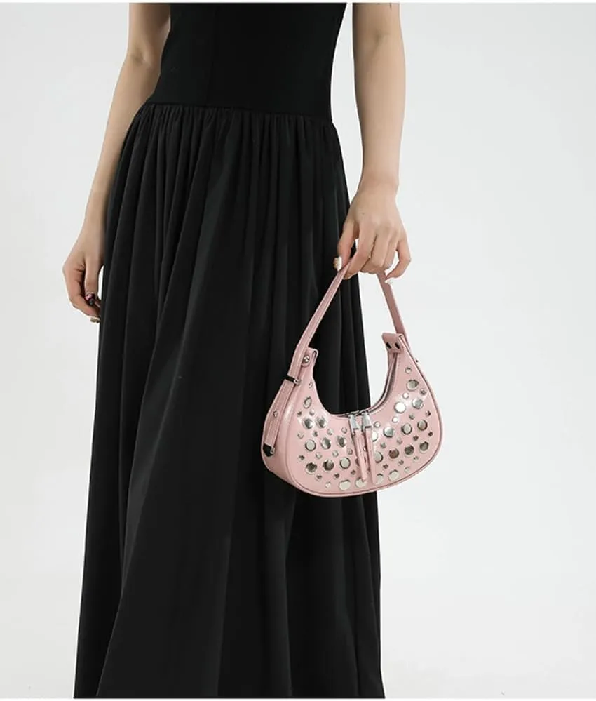 Y2k Studded Crescent Crossbody Purse Women 90s Hobo Bags Trendy Shoulder Satchels PU Leather Punk Underarm Tote Handbag