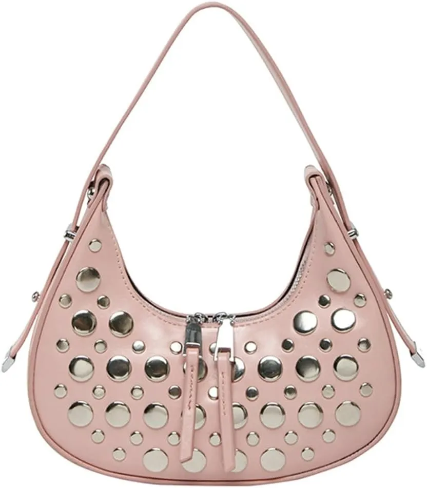 Y2k Studded Crescent Crossbody Purse Women 90s Hobo Bags Trendy Shoulder Satchels PU Leather Punk Underarm Tote Handbag