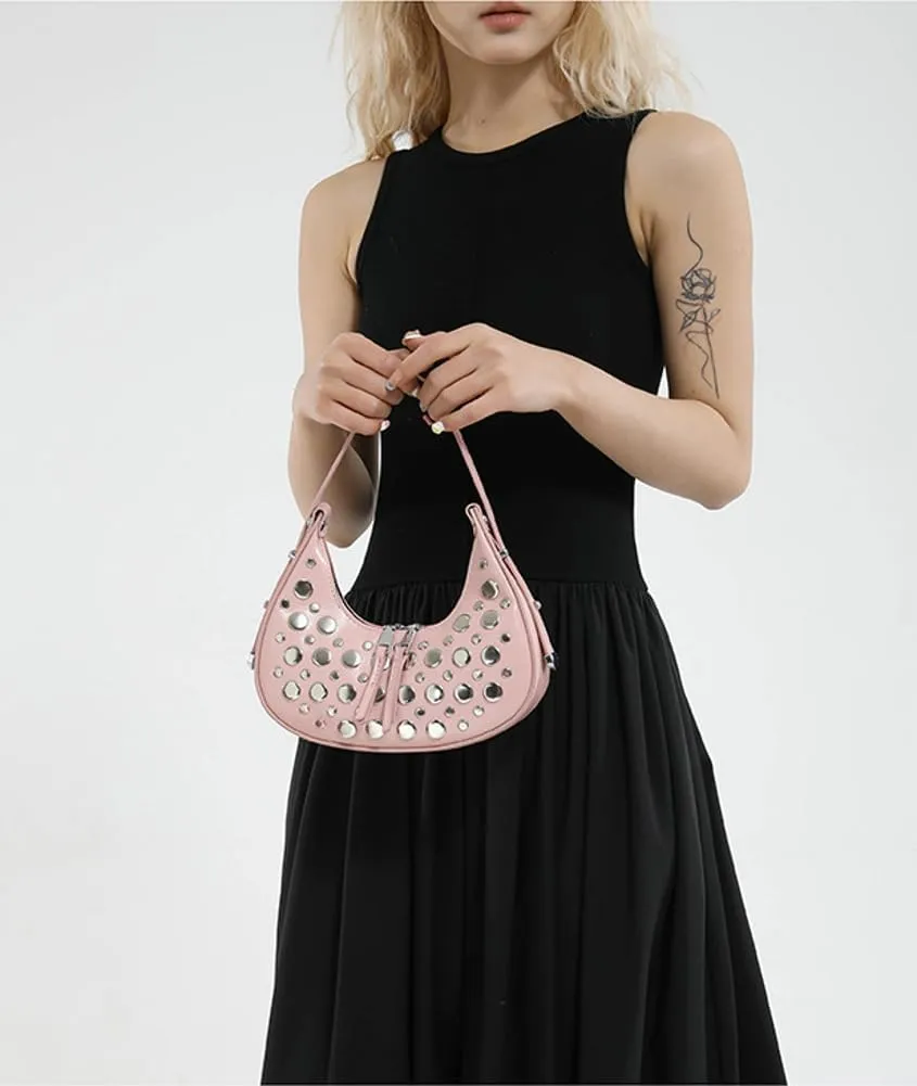 Y2k Studded Crescent Crossbody Purse Women 90s Hobo Bags Trendy Shoulder Satchels PU Leather Punk Underarm Tote Handbag