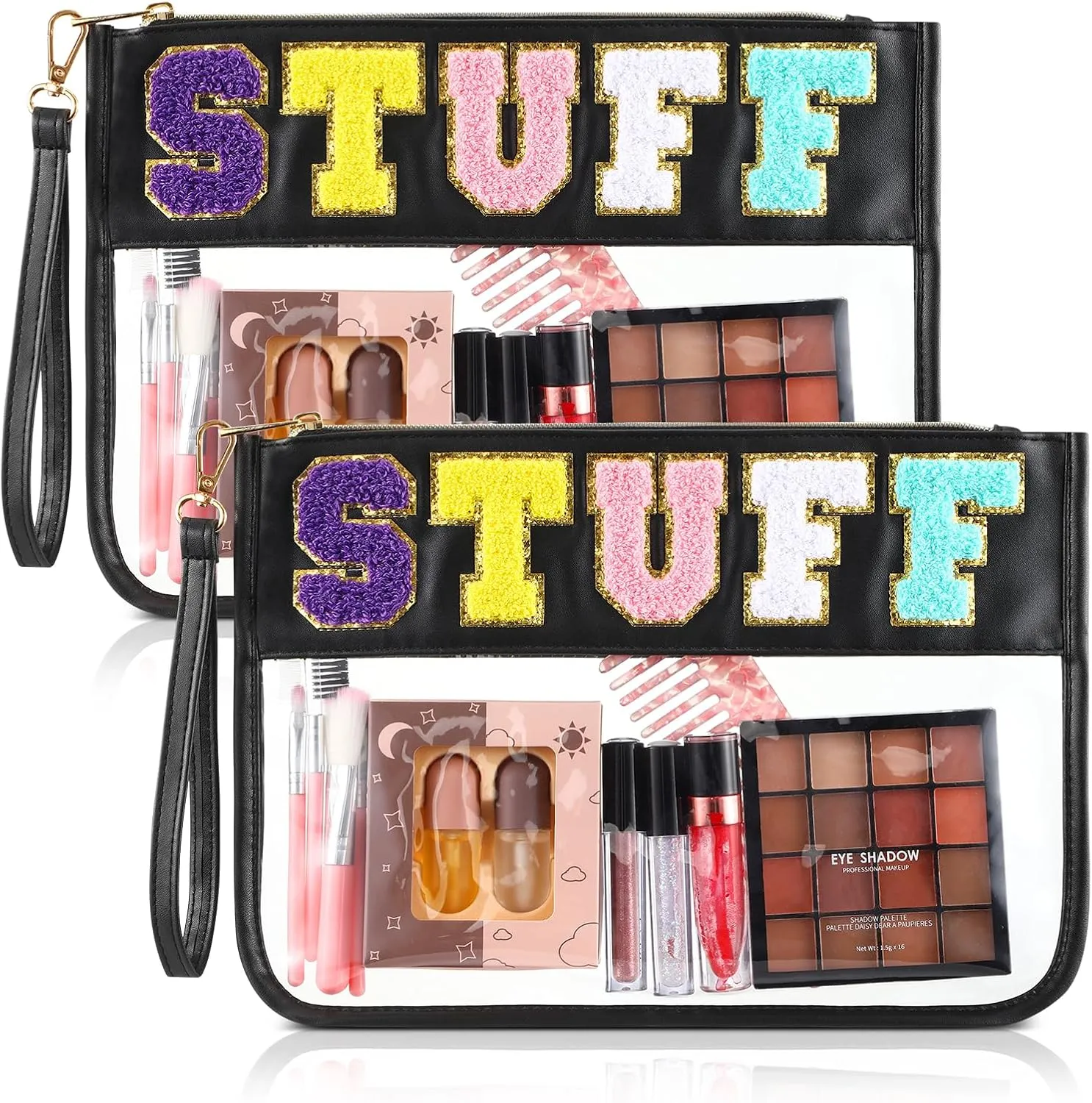 YUSUOA 2 Pcs Clear Makeup Letter Bag Chenille Letter Bag Waterproof Clear Travel Pouch Clear Zipper Pouches Large Capacity Clear Toiletry Bags for Travel