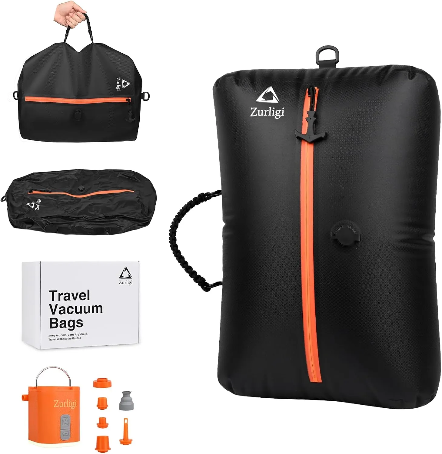 Zurligi Vacuum Compression Bags with Pump for Travel - Waterproof, Reusable, Removable Handle, Portable Travel Pack Vacuum Bag Kit for Camping, Gym, Beach, Moving (1PC Black)