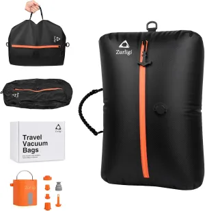 Zurligi Vacuum Compression Bags with Pump for Travel - Waterproof, Reusable, Removable Handle, Portable Travel Pack Vacuum Bag Kit for Camping, Gym, Beach, Moving (1PC Black)